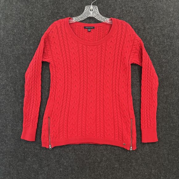 American Eagle Sweater Women's Medium Red Cable Knit Pullover Zipper Hem Casual - Picture 1 of 8